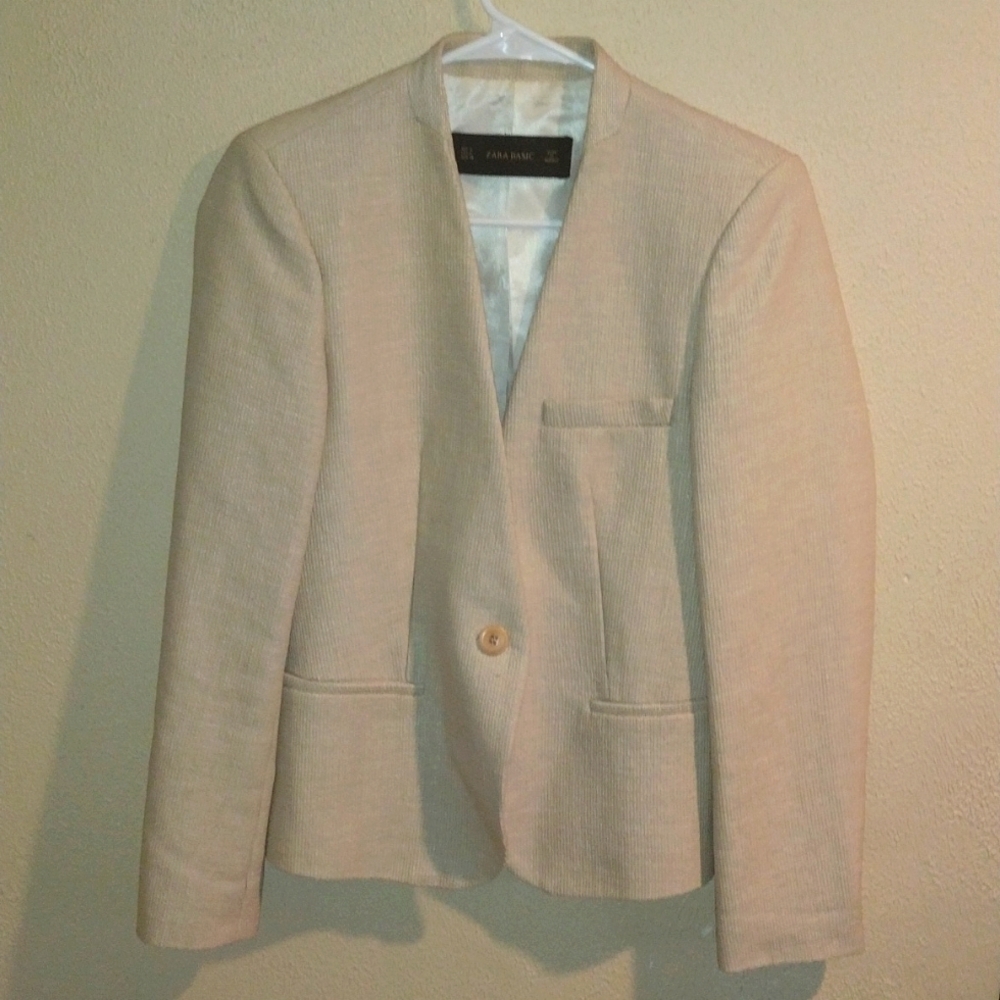 Tweed/Burlap Like Material Tan Zara Basic Blazer Preppy Old Money S